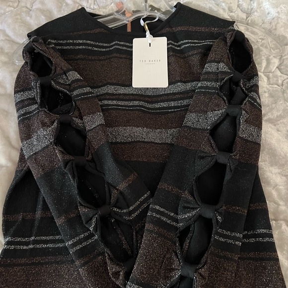 NWT TED BAKER SIMONA BLACK LUREX STRIPED BOW DETAIL DRESS SIZE TB 1 - Picture 9 of 13